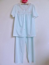 Vintage 60s Vanity Fair 2 Pc Pajama Set L Pale Aqua Embroidery Lace Shor... - £47.18 GBP