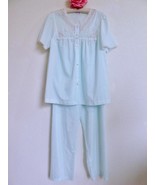 Vintage 60s Vanity Fair 2 Pc Pajama Set L Pale Aqua Embroidery Lace Shor... - £47.89 GBP