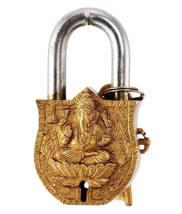 Antique Lord Ganesha Design Brass Security Lock with 2 Keys &amp; Om Design ... - £58.65 GBP