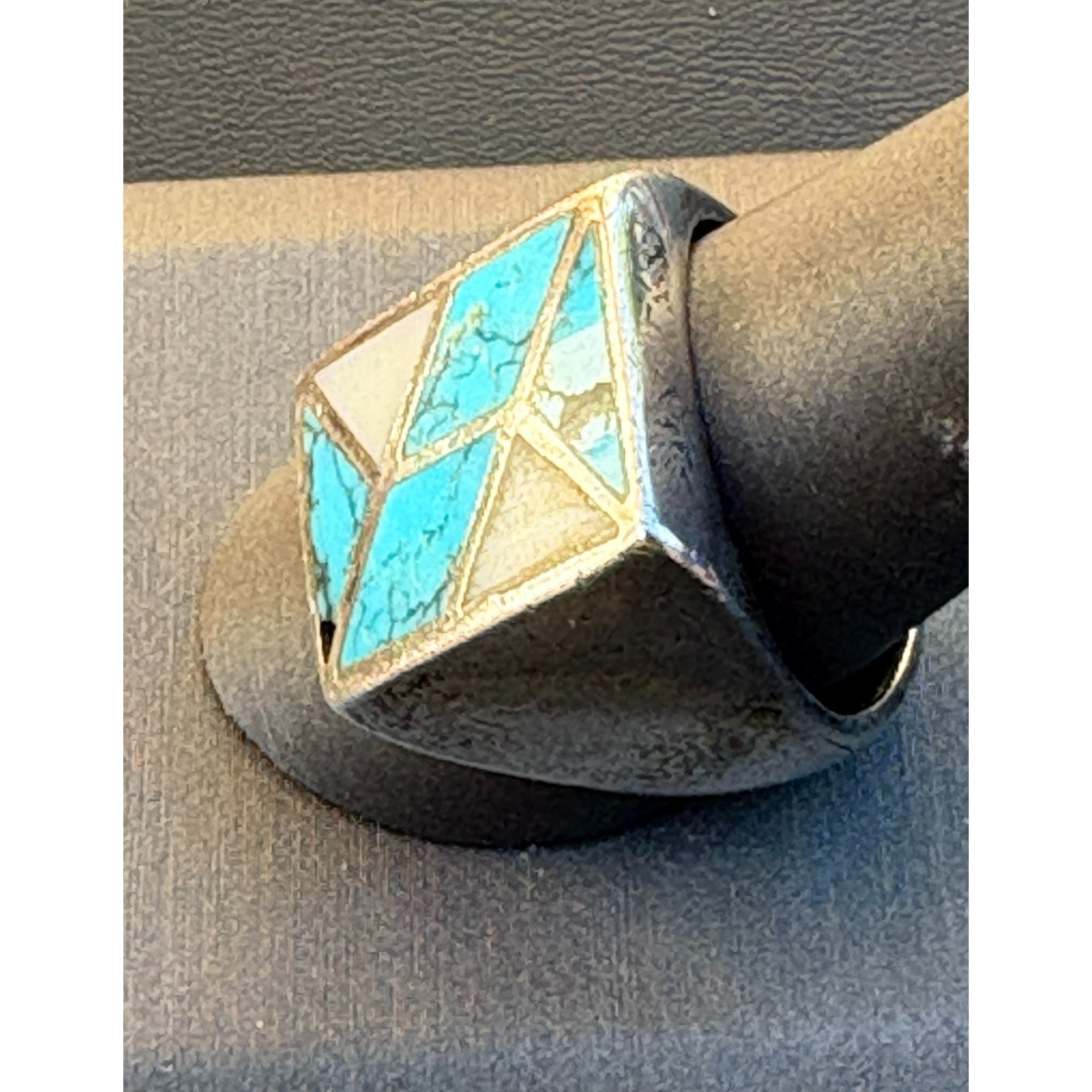 HEAVY MEN'S 925 STERLING SILVER TURQUOISE AND MOTHER OF PEARL RING SIZE SKY Item image 3