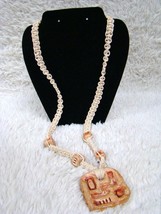 Weaved Off-White Colored Rope Necklace with Clay Symboled Pendant and Beads - £14.21 GBP