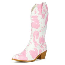 Big Size 37-45 Women Cow Print Boots Block Heel Pointed Toe Cowboy Boots Plush I - £80.20 GBP