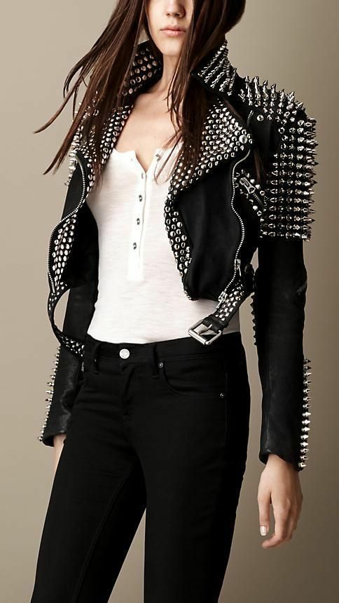 Women's Black Genuine Leather Full Silver Spike Studded Handmade Cropped Jacket