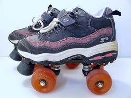 Skechers 4 Wheelers Roller Skates Sz 4 9826 Navy Denim Pink Glitter Sneaker Shoe - £19.69 GBP