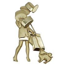 Vintage AJC Brooch Woman Balancing Bags Boxes While Walking Dog Gold Tone Pin - £12.41 GBP