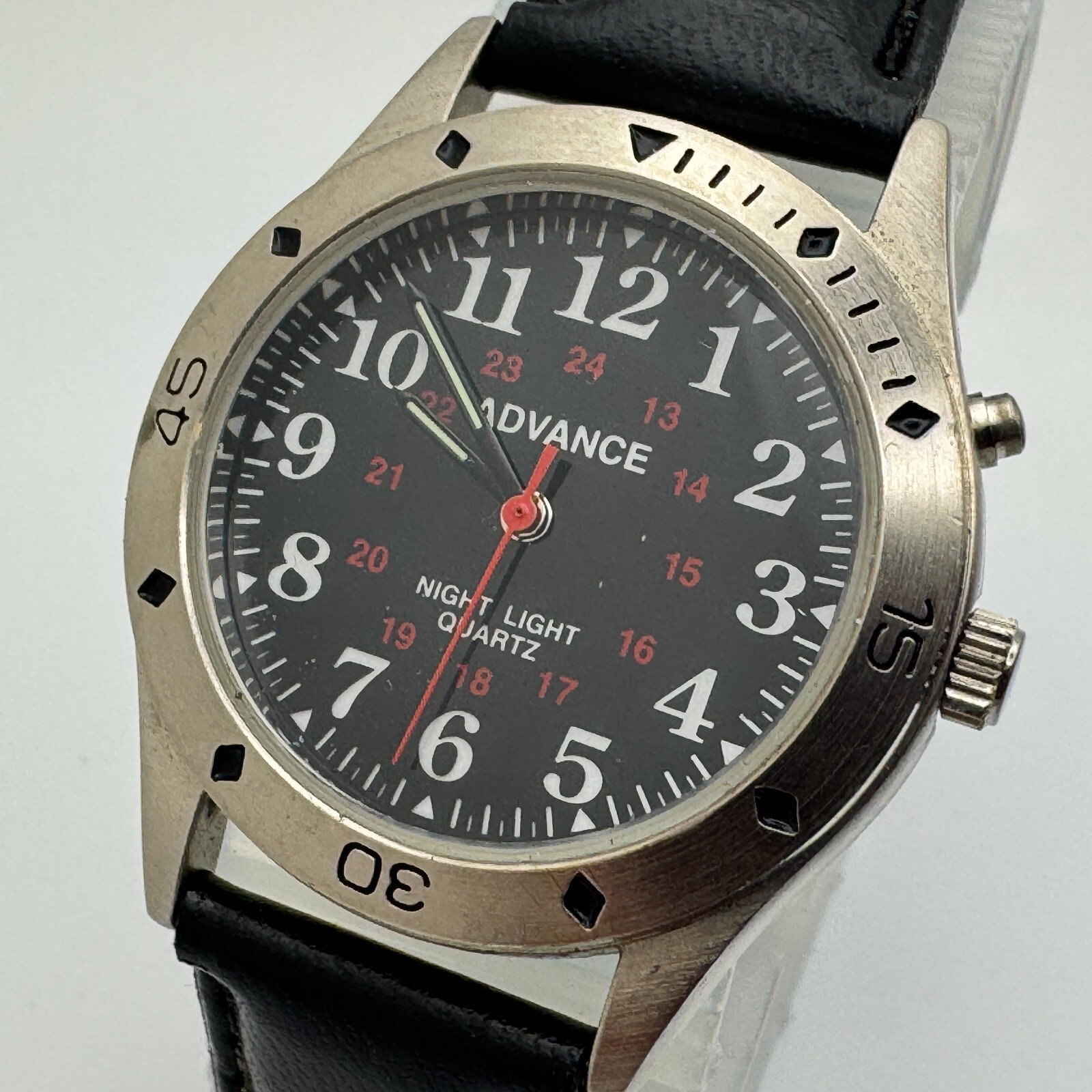Vintage Advance Quartz Watch Men Silver Black Military Dial Leather New ... - $26.59