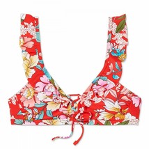 Xhilaration Women&#39;s Lace-Up Front Ruffle Sleeve Bralette Bikini Top Red Floral S - £7.15 GBP