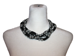 ANN TAYLOR Silver Bead Round Ball Black Ribbon Wrapped Necklace Choker W/ Bag - $18.00
