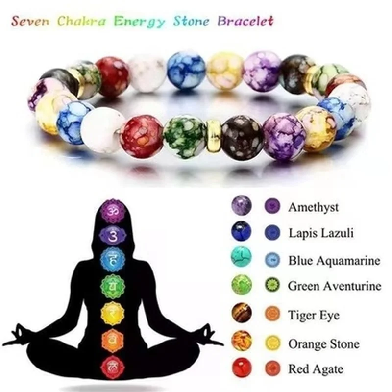 Play 7 Chakras Reiki Healing Stone Bracelet A Balance Energy Imitate Volcanic St - £23.68 GBP