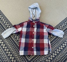 Boy’s Oshkosh Long Sleeve Plaid Hooded Button Down Shirt Size 12 Months - £8.55 GBP