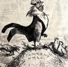 1870s Thomas Nast Victorian Woodcut Engraving Tammany Hall Rooster DWAA18 - $25.99