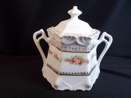 Vintage porcelain covered sugar bowl gold details roses decals Germany 28 china - £7.47 GBP