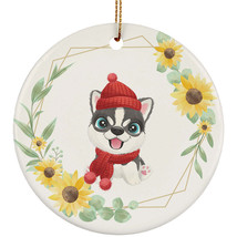 Cute Baby Husky Dog Ornament Sunflower Wreath Christmas Gift Pine Tree Decor - £11.69 GBP