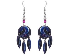 Howling Wolf Animal Graphic Round Long Dangle Earrings - Womens Fashion Handmade - $17.81