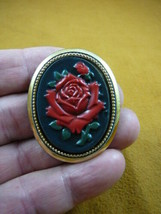 (cred-52) RED rose long stemmed flower black oval lady CAMEO brass Pin Pendant - £23.82 GBP