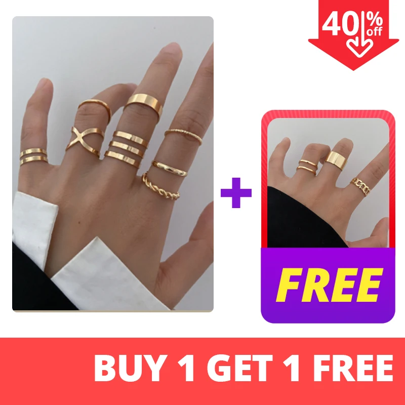 17KM Hiphop GolChain Rings Set For Women Girls Punk Geometric Simple Finger Ring - £12.93 GBP