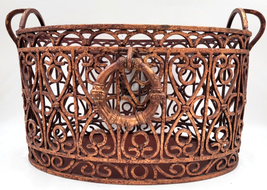 Unique Wrought Iron Steel Oval Basket With Metal Bottom Round Solid Handles - £46.39 GBP