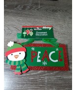 Christmas Decoration PEACE Penguin Wooden Plaque Hanging Ornament 7” X 3” - $7.53