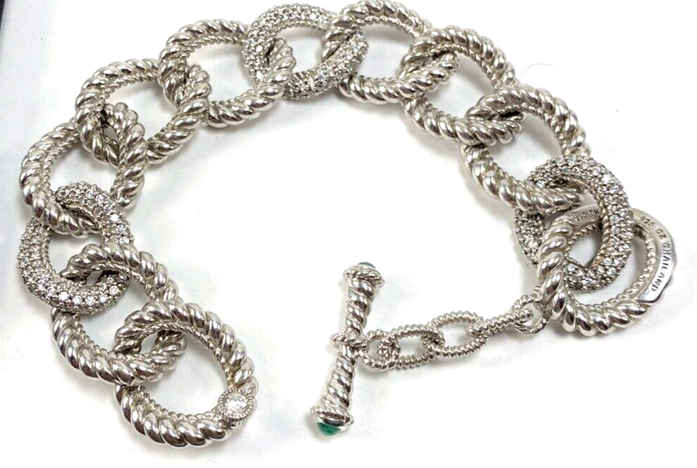 NEW" Judith Ripka SS Diamonique Oval Links Bracelet 7" W/CZ Emerald Toggle Clasp - $154.28