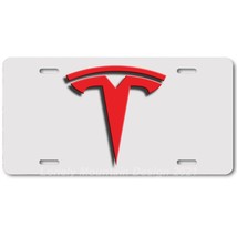 Tesla Logo Inspired Art Red on White FLAT Aluminum Novelty Car License Tag Plate - £14.38 GBP