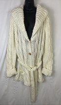 Vintage Rose K Hand Knitted Beige Cable Belted Cardigan Button Long Sleeve - $23.74