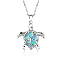14K White GP Flower on Turtle Tortoise Fire Opal Pendant Necklace 17&quot; Women Gift - £95.63 GBP