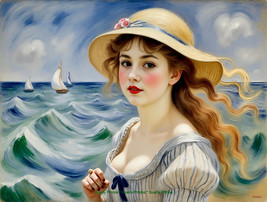 Pretty Young Lady at Beach 8.5x11&quot; Photo Print Style Pierre Renoir/ Harker Art - £6.56 GBP