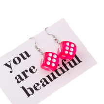 Colorful Square Dice Dangle Hook Earrings - New - Rose Red - £10.37 GBP