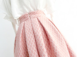 Winter Pink Plaid Midi Skirt Outfit Women Woolen Plaid Pleated Holiday Skirt image 3