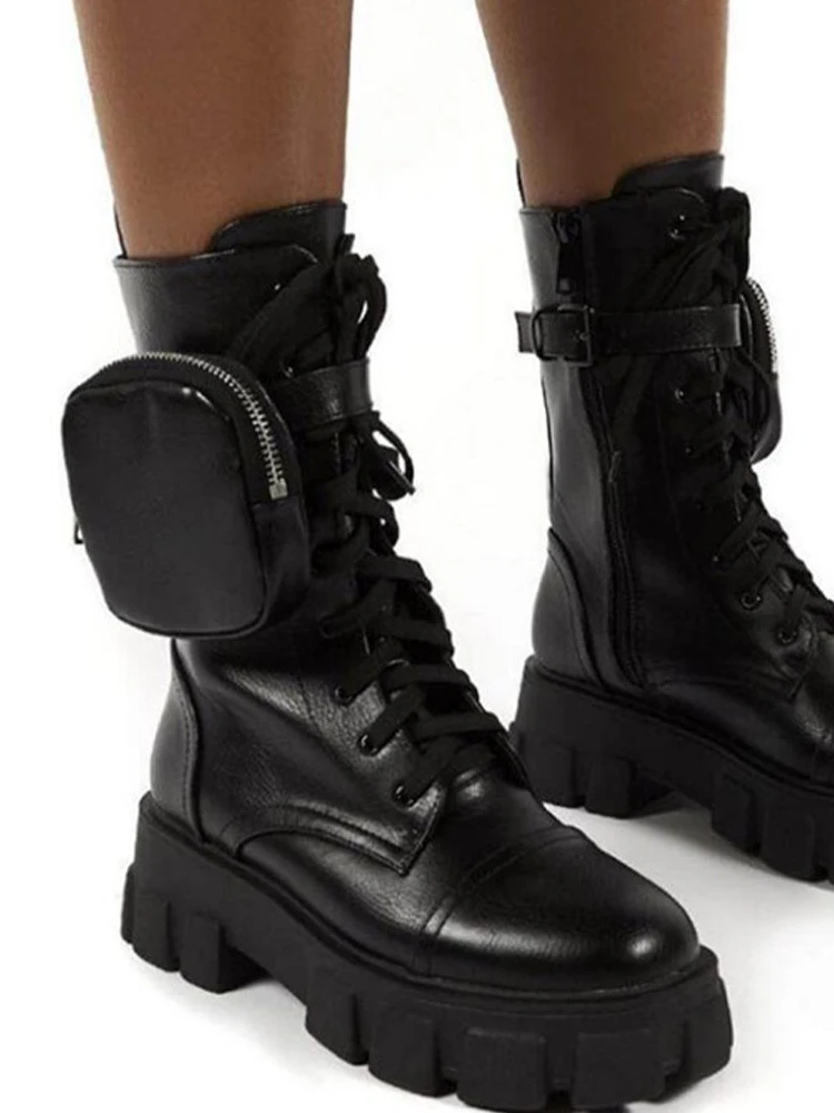 Women Boots 2024 New Winter Fashion Pocket Boots Mid Heels Platform Designer Bag - £162.88 GBP