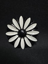Vintage Large Enamel Flower Brooch Black White Daisy Pin Mod 1960s Jewelry - $24.74