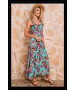 Green Abstract Print Smocked Bodice Knotted Straps Ruffled Maxi Dress - €31,00 EUR