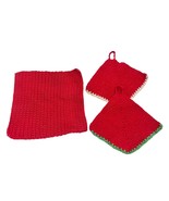 Crocheted Trivet and 2 Pot Holders Red with Green White Trim Christmas - £11.84 GBP