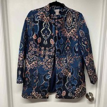 Chicos Blue Gold Metallic Brocade Mandarin Collar Blazer Jacket Women 0P... - $67.32