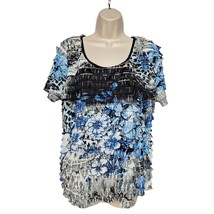 Cato Women&#39;s Blouse Top Size XL Black Blue White Floral Ruffles Short Sl... - $28.30