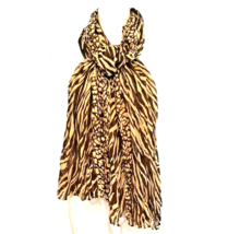 Brown Leopard Tiger Animal Print Scarf Crinkled Rectangle Huge Long - £11.69 GBP