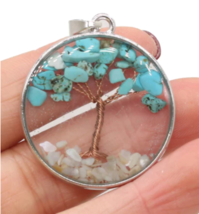 Tree Of Life Turquoise Stone Wire Pendant On 24&quot; Silver Rolo Necklace Chain 740 - £8.72 GBP