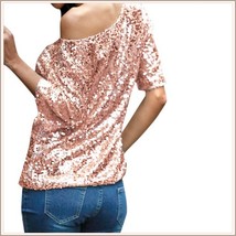  Pink Sparkling Sequined Shimmer Short Sleeve Off Shoulder Tank Tee Shirt Top 