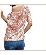  Pink Sparkling Sequined Shimmer Short Sleeve Off Shoulder Tank Tee Shir... - £51.55 GBP