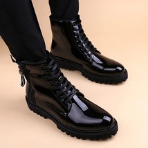 British style men luxury fashion bright patent leather boots black platform shoe - £107.10 GBP