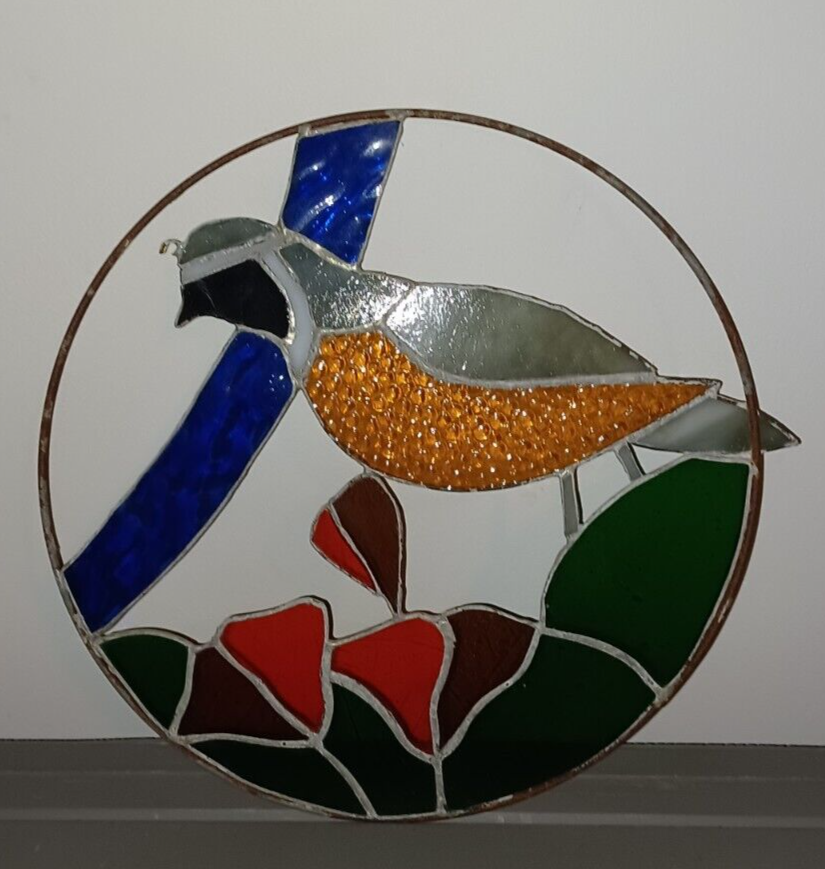 Antique Stained Glass Sun Catcher Quail Round 12” Brown Blue Rare EXQUISITE Item image 2