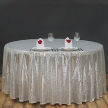 120&quot;&quot; Silver Sequin Round Tablecloth Light Gray Party Catering Reception Linens  - $129.56