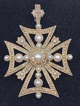 Vintage Pearls &amp; Marcasite Cross Brooch / Pendant. 17 Pearls - £92.55 GBP
