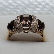 Authenticity Guarantee 
10K Yellow Gold 3 Stone Oval Smoky Quartz and Di... - £469.95 GBP