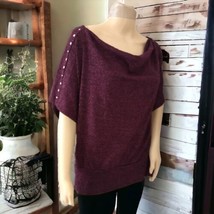 Metallic Disco Top L NEW Glittery Blouse Holiday Burgundy Off Shoulder Studs - £21.30 GBP
