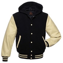 Bomber Varsity Letterman Baseball Hoodie Jacket Black Body Cream Leather Sleeves - £78.93 GBP