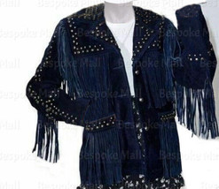 New Women&#39;s Blue Western Studded Suede Leather Jacket Cowgirl Fringes Jacket-422 - $274.99