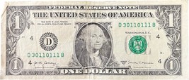 True Trinary Only 0s 1s 3s Fancy Serial Number One Dollar D30110111B 5 O... - $19.99