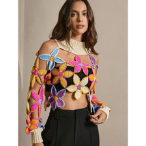 Boho Chic Design Crochet Floral Cutout Sweater – Knit Top with High Neck, L - $50.00
