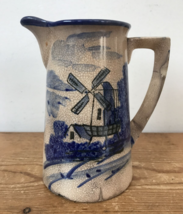 Antique Vtg Crazing Ceramic Delft Dutch Blue Painted Windmill Pitcher Stoneware - £99.36 GBP